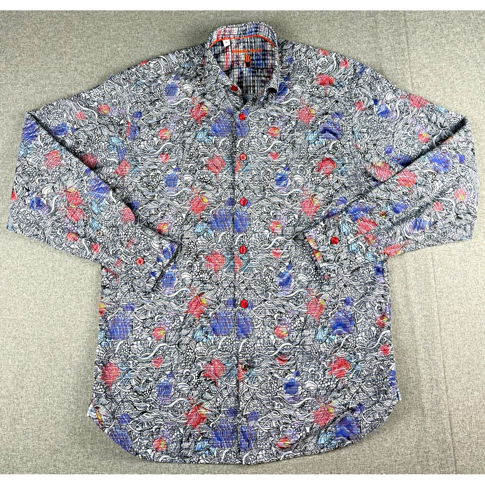 Luchiano Visconti Mens S Gray Red Blue Floral Long Sleeve Button Front Shirt